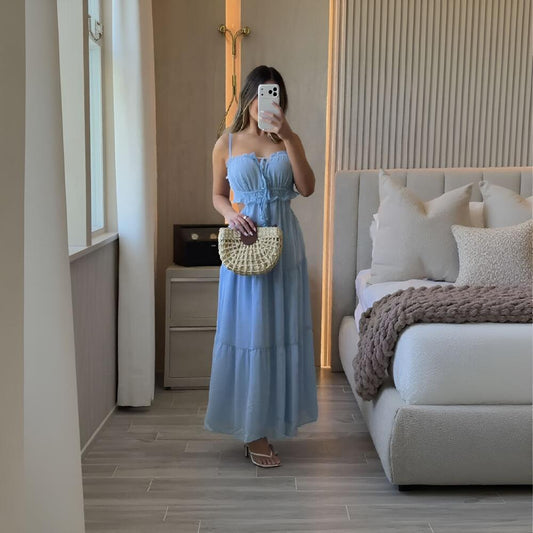 V-Neck Sleeveless Solid Color Patchwork Flared Maxi Dress