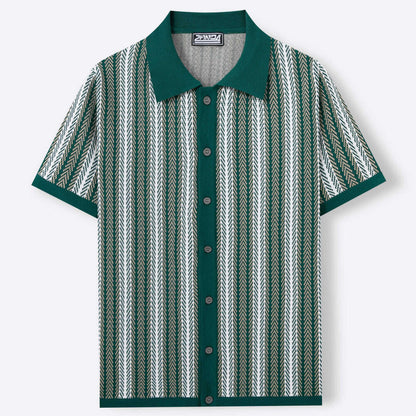 Vintage Vertical Striped Knit Short Sleeve Polo Shirt