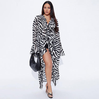 Y2K Sheer Zebra Print Asymmetrical Hem Long Top