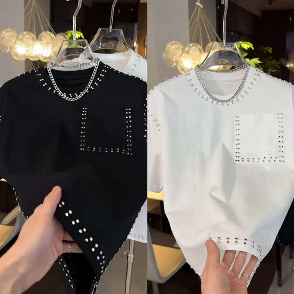 Solid color studded short-sleeved shirt