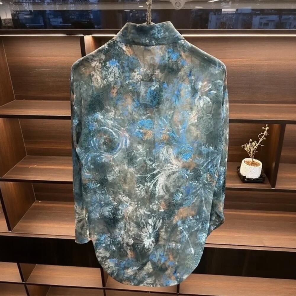 Blue Pattern Sheer Mesh Shirt