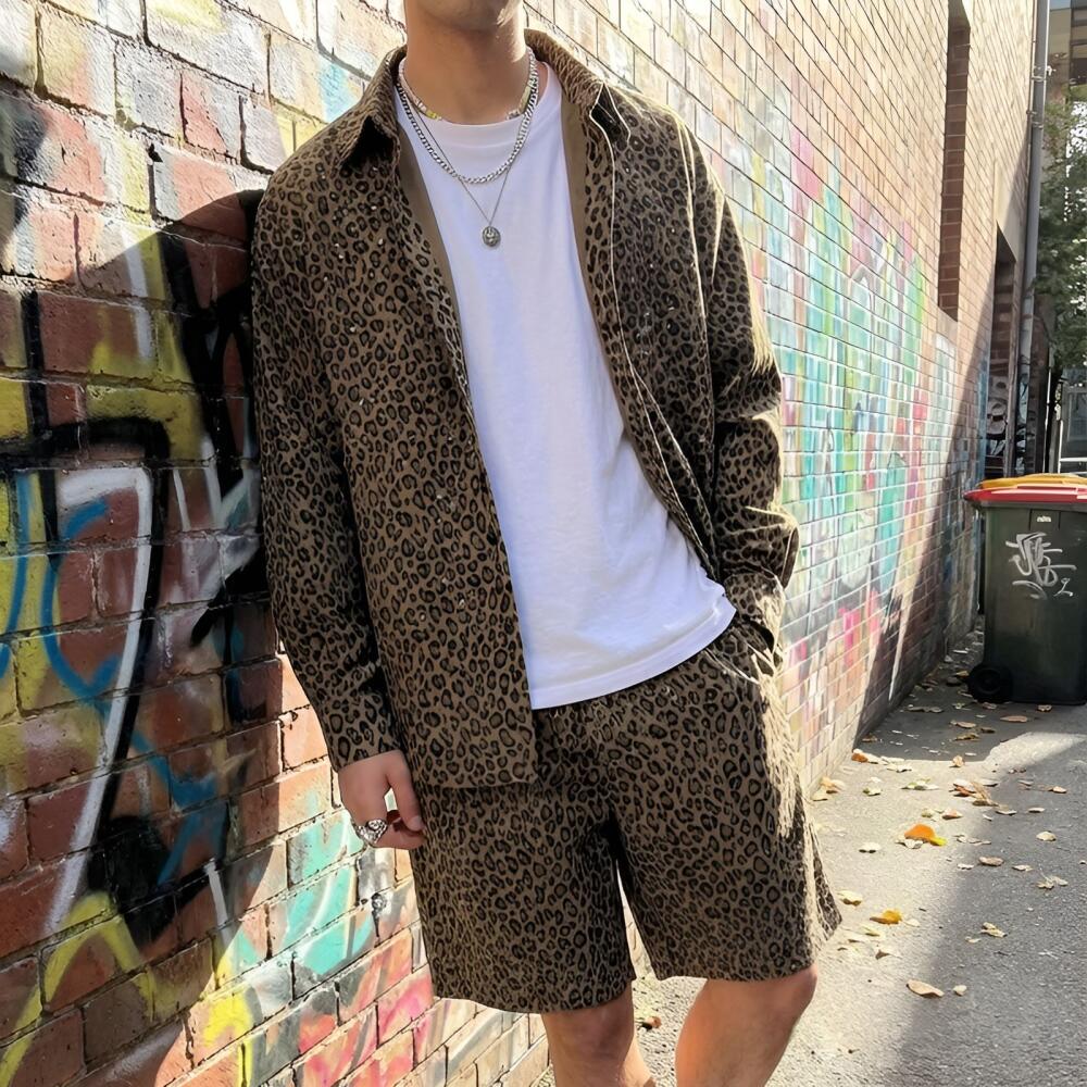 Leopard Print Rhinestone Shirt & Shorts Set