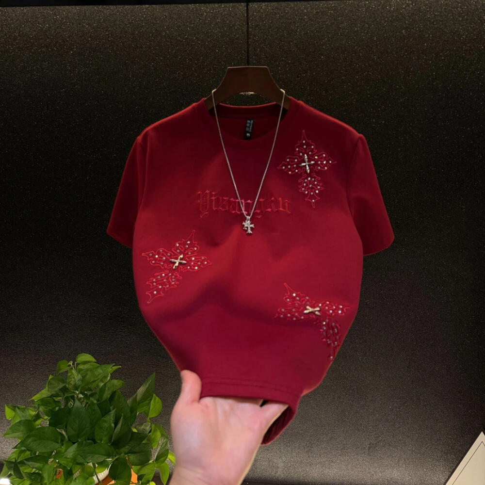 High-end cross-print short-sleeved shirt with embroidery and sequins