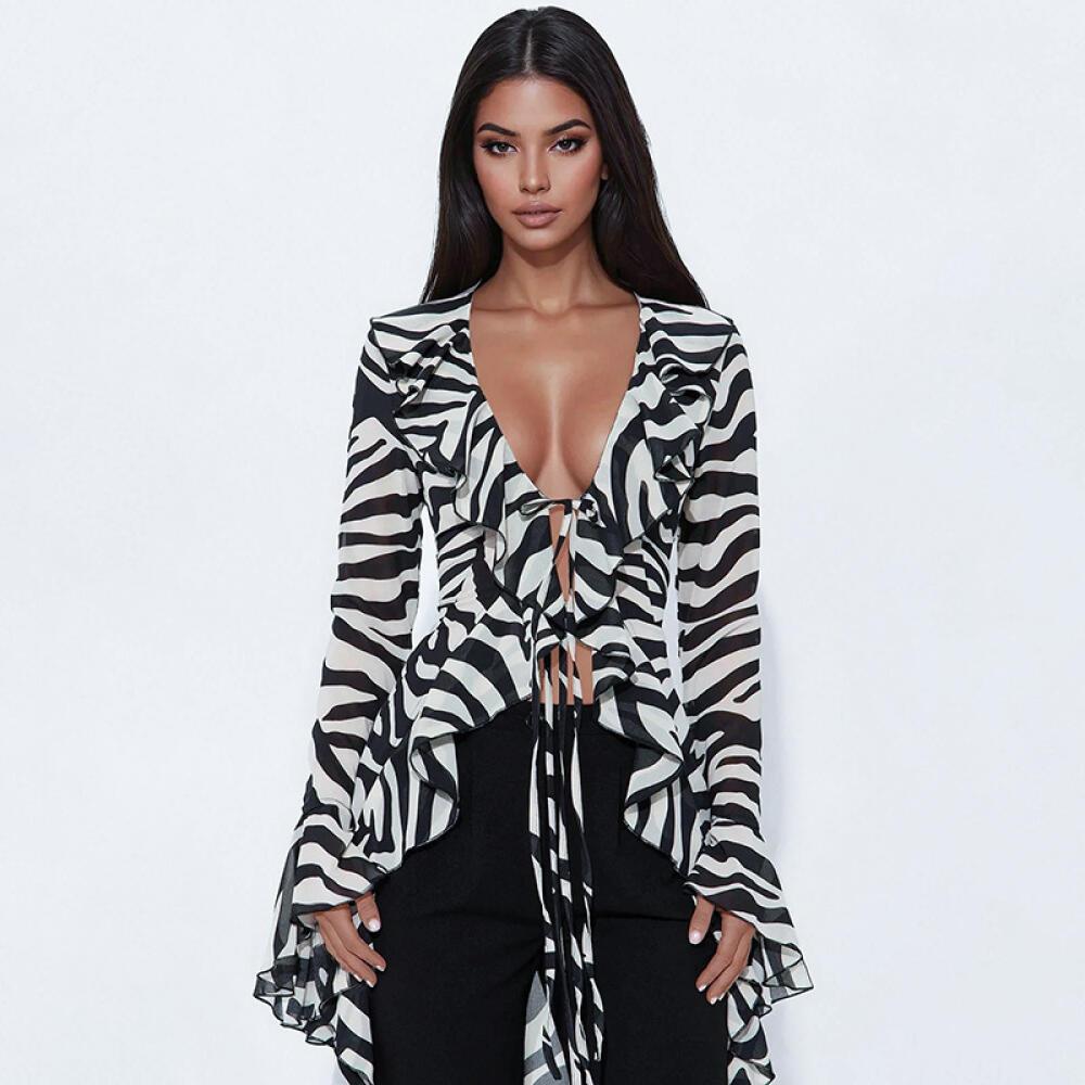 Y2K Sheer Zebra Print Asymmetrical Hem Long Top