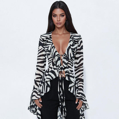 Y2K Sheer Zebra Print Asymmetrical Hem Long Top