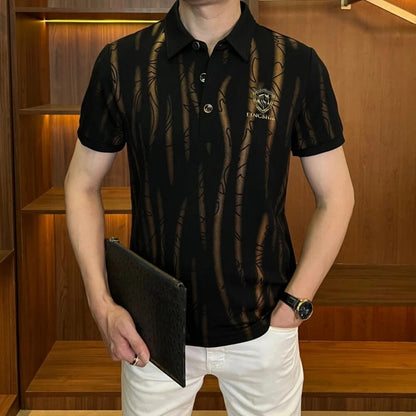 Elegant Gold Horse Head Fluid Texture Lapel Polo