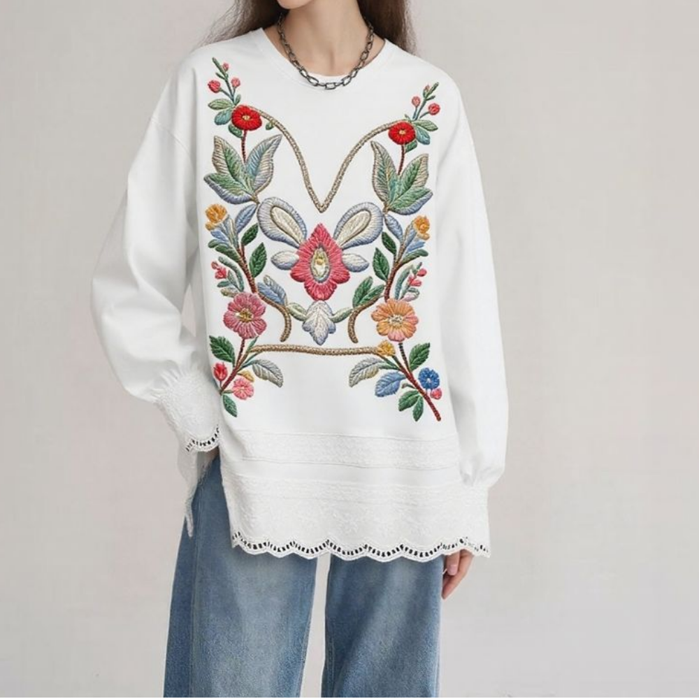 Delicate Floral Embroidered Lace-Edged Blouse