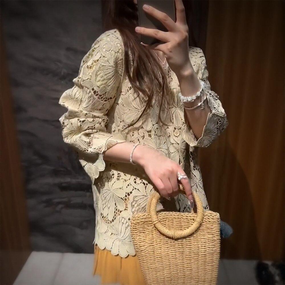 Apricot Hollow Out Crochet V-Neck Cardigan