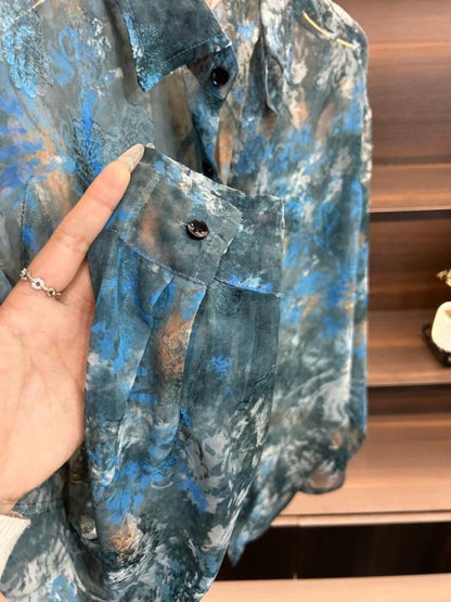 Blue Pattern Sheer Mesh Shirt