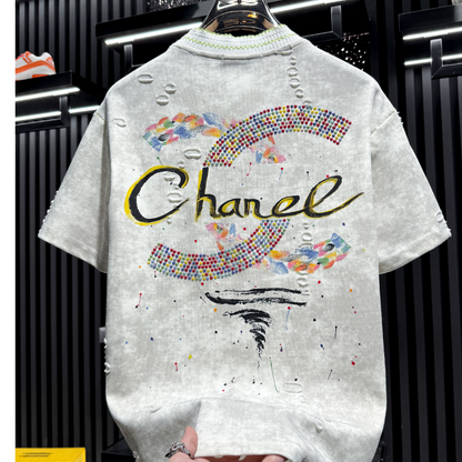 High-end scenic rhinestone short-sleeved shirt