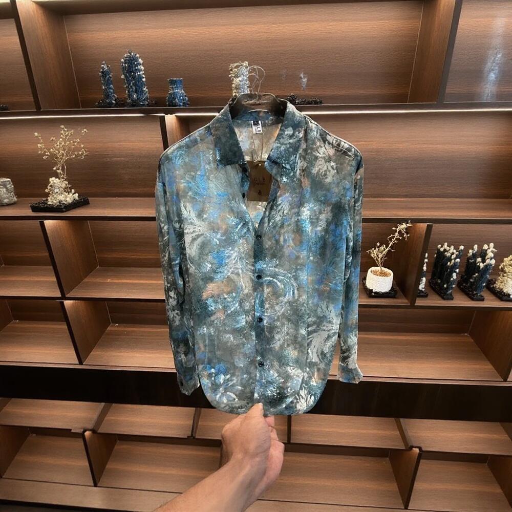 Blue Pattern Sheer Mesh Shirt