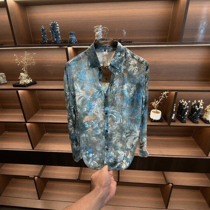 Blue Pattern Sheer Mesh Shirt
