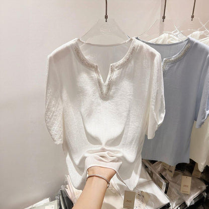 Minimal Sequin Neckline Short Sleeve Top
