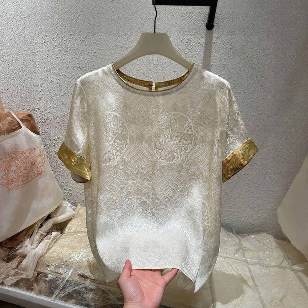 Luxury Embossed Short-Sleeved Top with Gold Trim