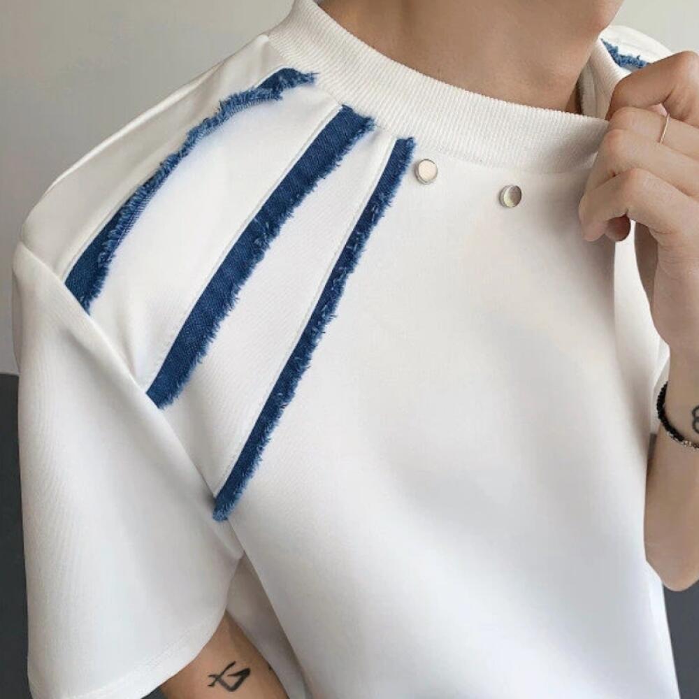 Denim fringed shoulder pad studded short-sleeved shirt