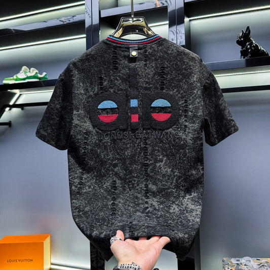 Luxury distressed embroidered short-sleeved shirt