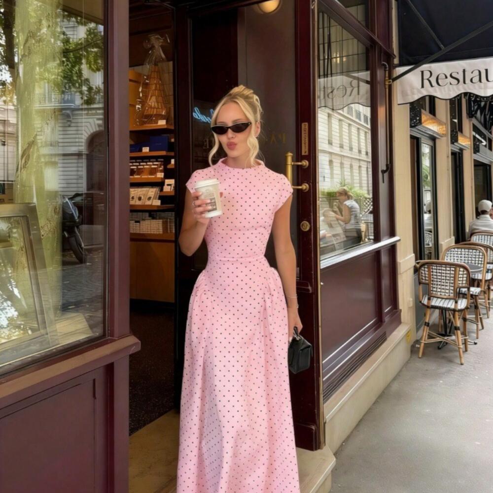 Slimming Crew Neck Sleeveless Polka Dot Print Dress