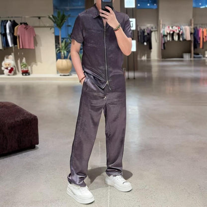 Zipper Acetate Short Sleeve + Solid Color Acetate Pants