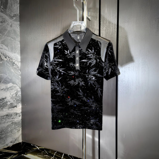 Bamboo Leaf Subtle Pattern Rhinestone Polo Shirt