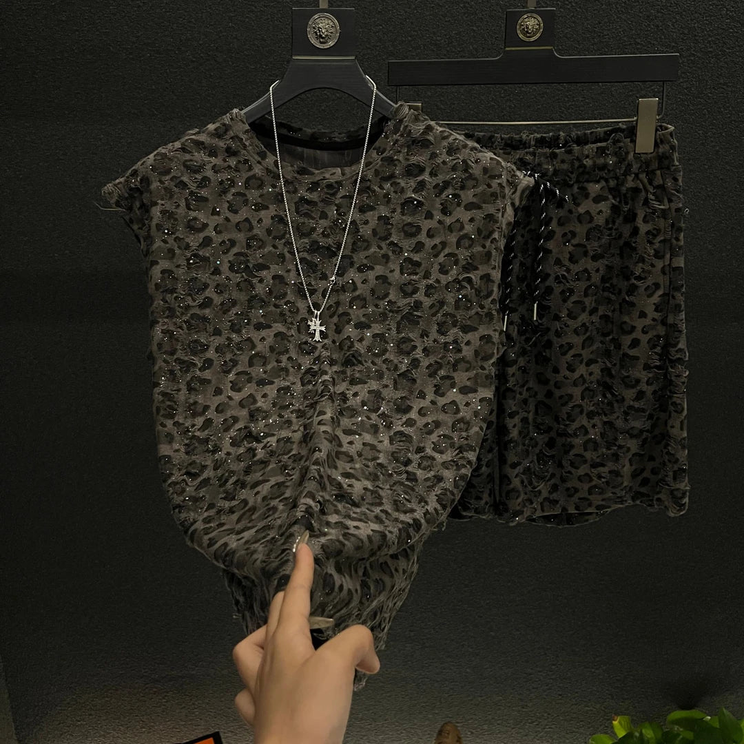 Leopard Print Sequin Two Piece Set