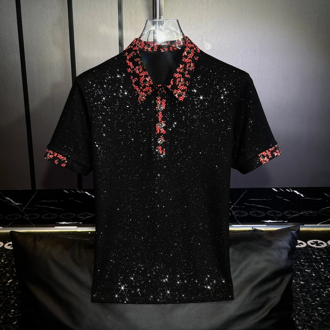 Red Floral Lapel Sequin Shirt