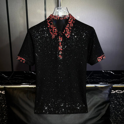Red Floral Lapel Sequin Shirt
