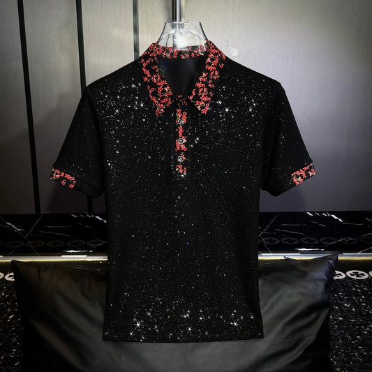 Red Floral Lapel Sequin Shirt