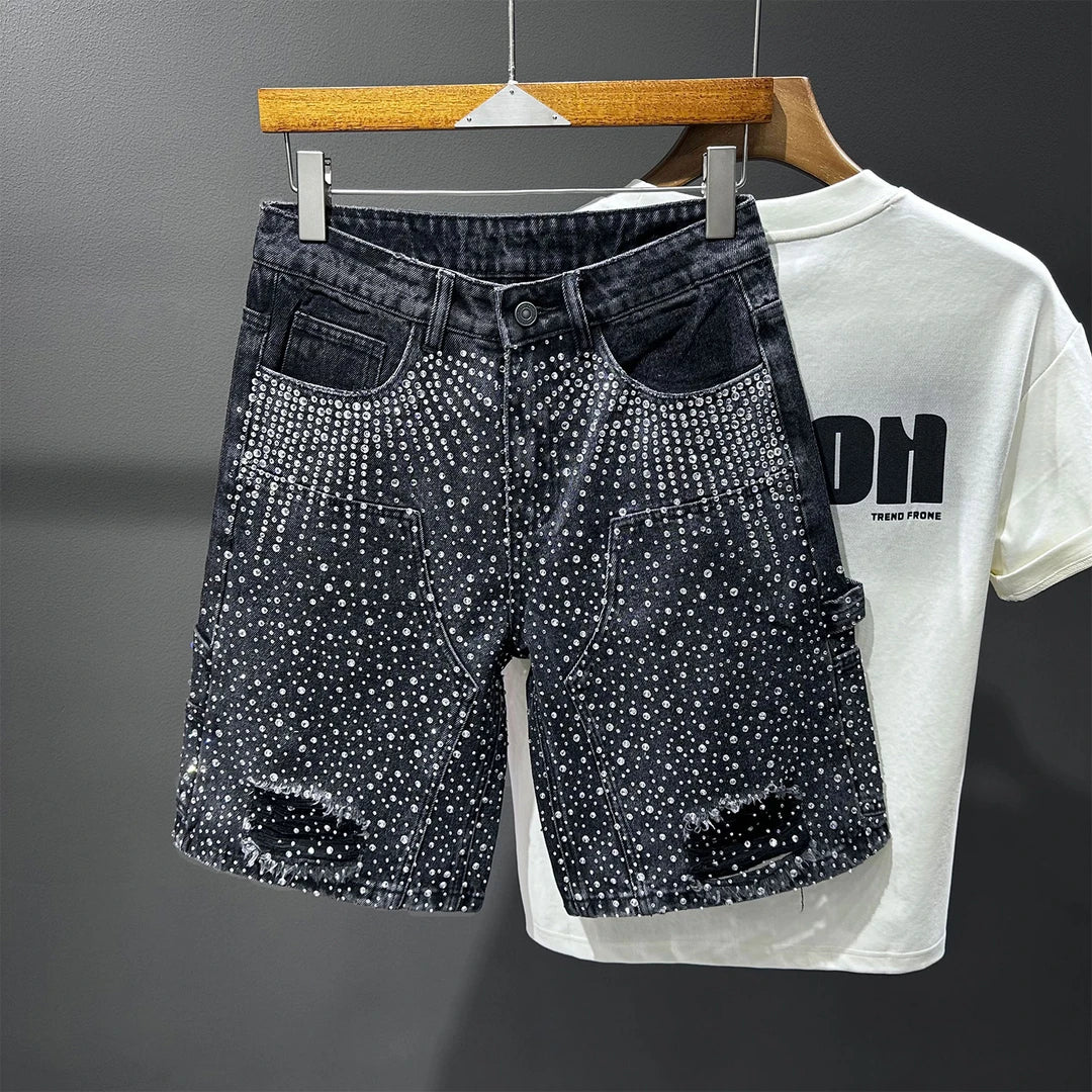 Rhinestone Distressed Denim Shorts