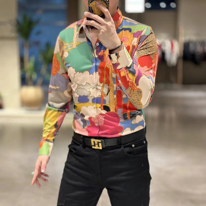 Abstract Art Print Long Sleeve Button-Down Shirt