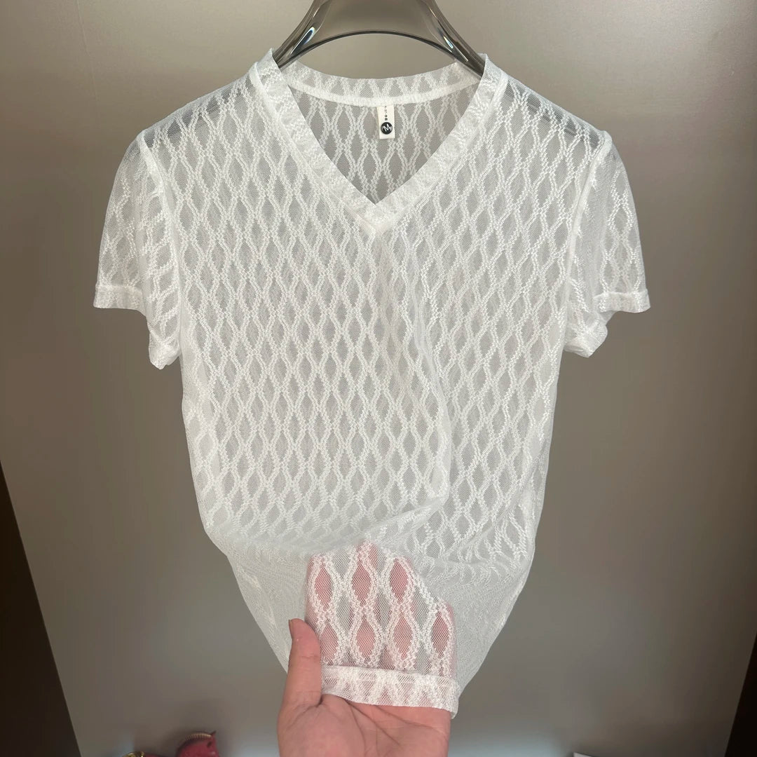 Wave Pattern Sheer Mesh T-Shirt