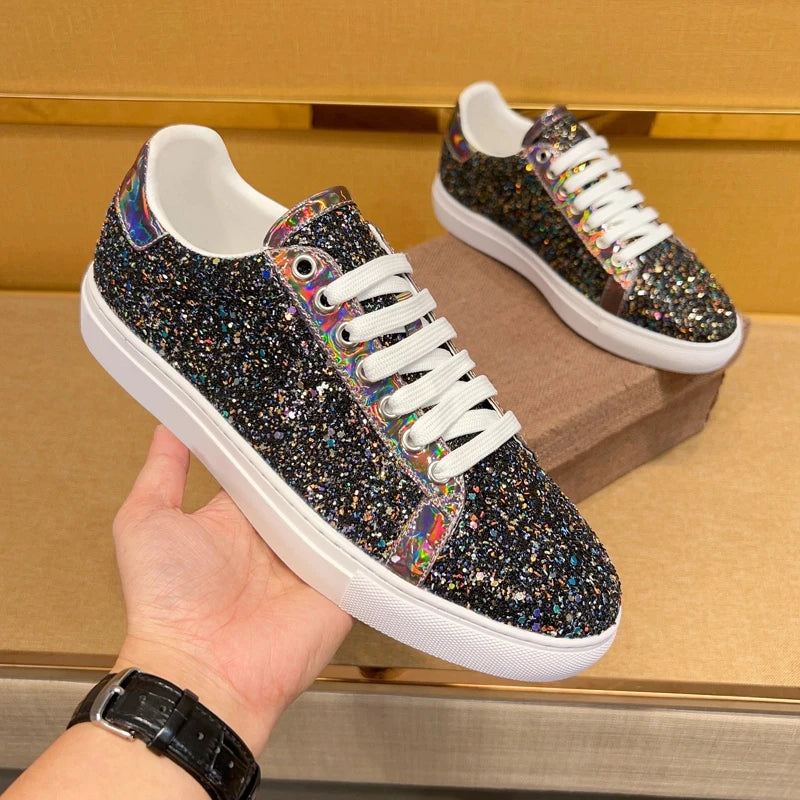 Luxury Rhinestone Casual Sneakers with Red Outsole