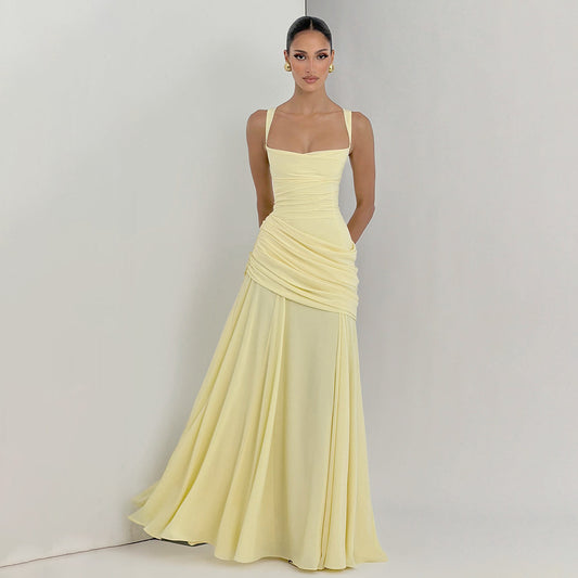 Spaghetti strap low-cut pleated tulle maxi dress