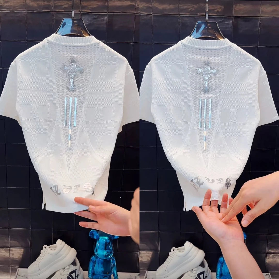 Rose & Cross Embossed Pattern T-Shirt