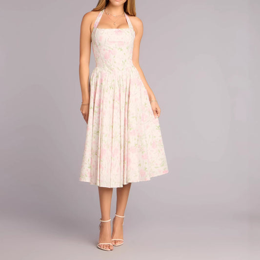 Pink & White Floral Print Halter Neck Tie Waist Midi Dress