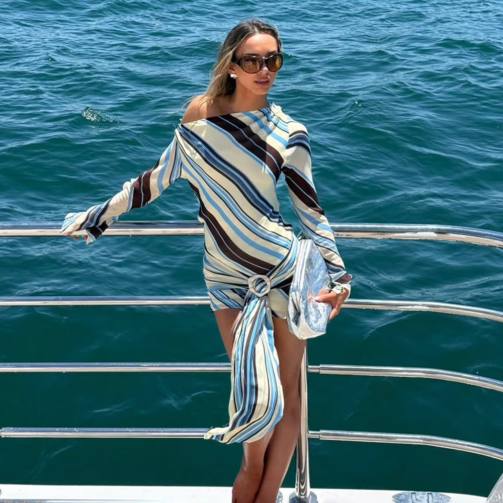 One-Shoulder Contrast Striped Off-Shoulder Dress