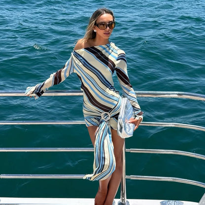 One-Shoulder Contrast Striped Off-Shoulder Dress