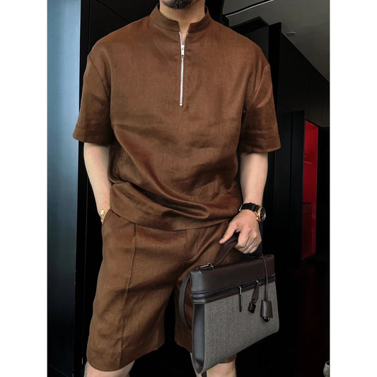 Half-Zip Stand Collar Linen 2-Piece Short Set