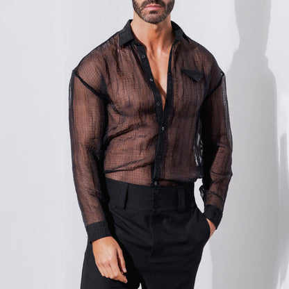 Sheer Mesh Long Sleeve Button-Up Shirt
