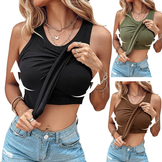 Round Neck Built-in Bra Ribbed Tank Top Fit Casual Comfortable