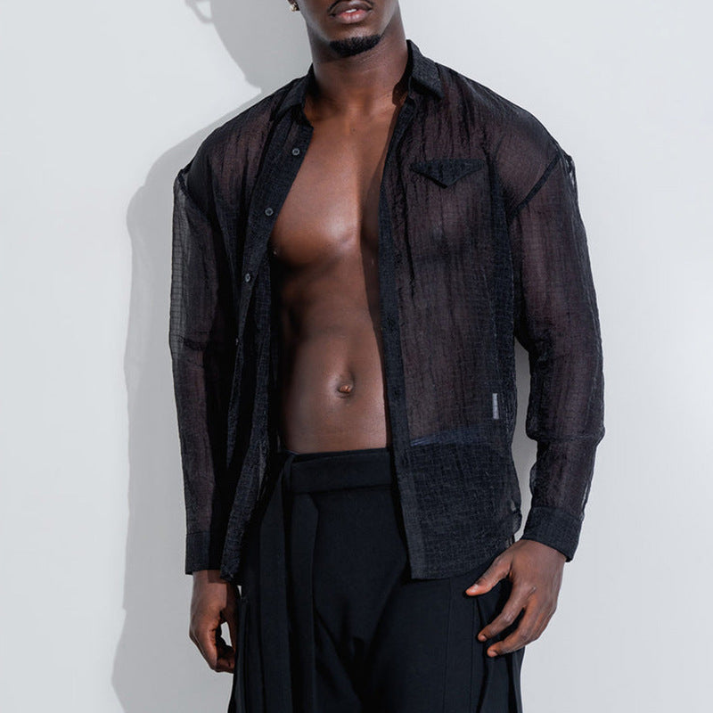 Sheer Mesh Long Sleeve Button-Up Shirt
