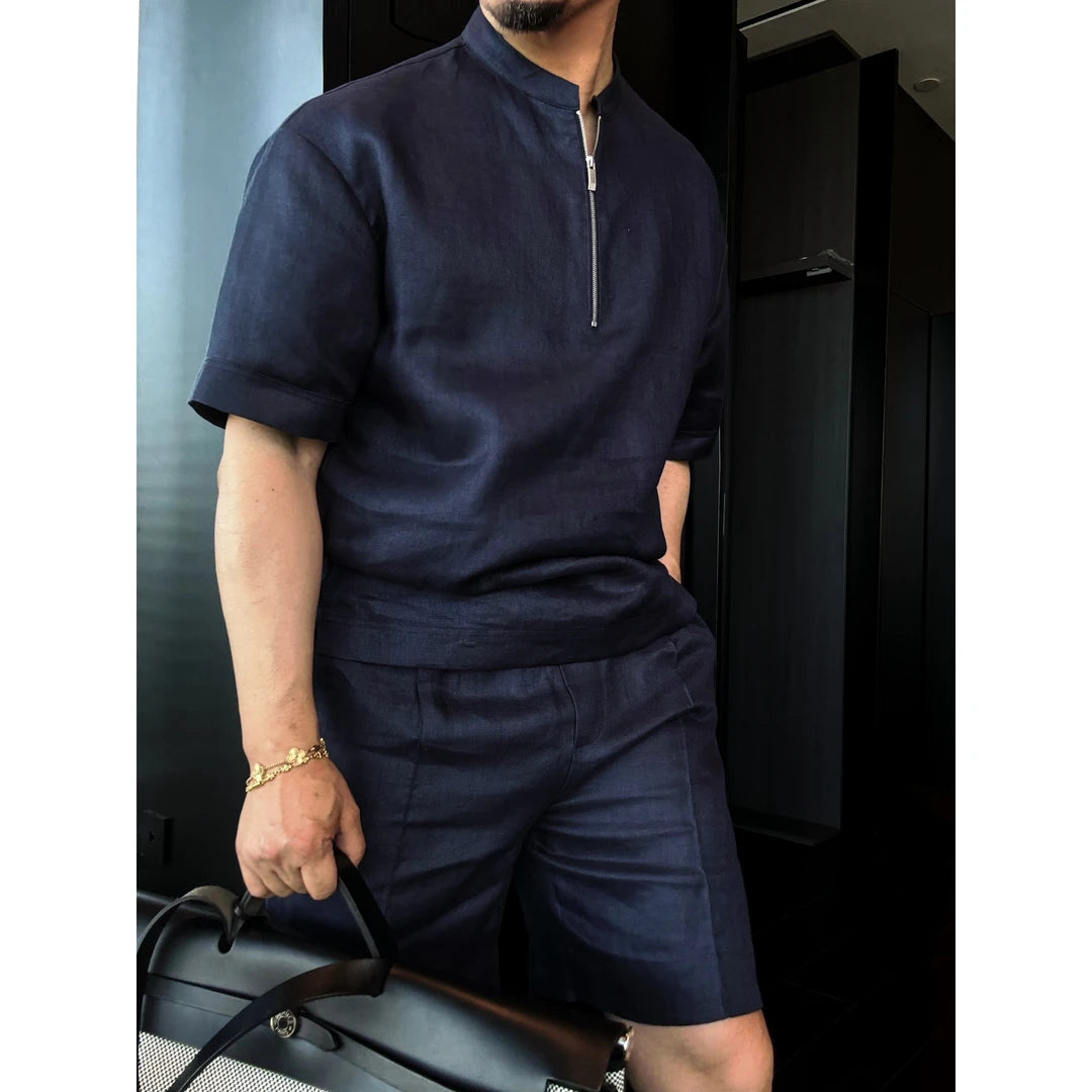 Half-Zip Stand Collar Linen 2-Piece Short Set