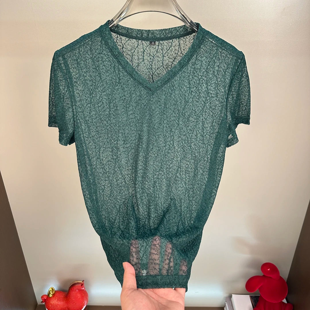 Wave Pattern Sheer Mesh T-Shirt