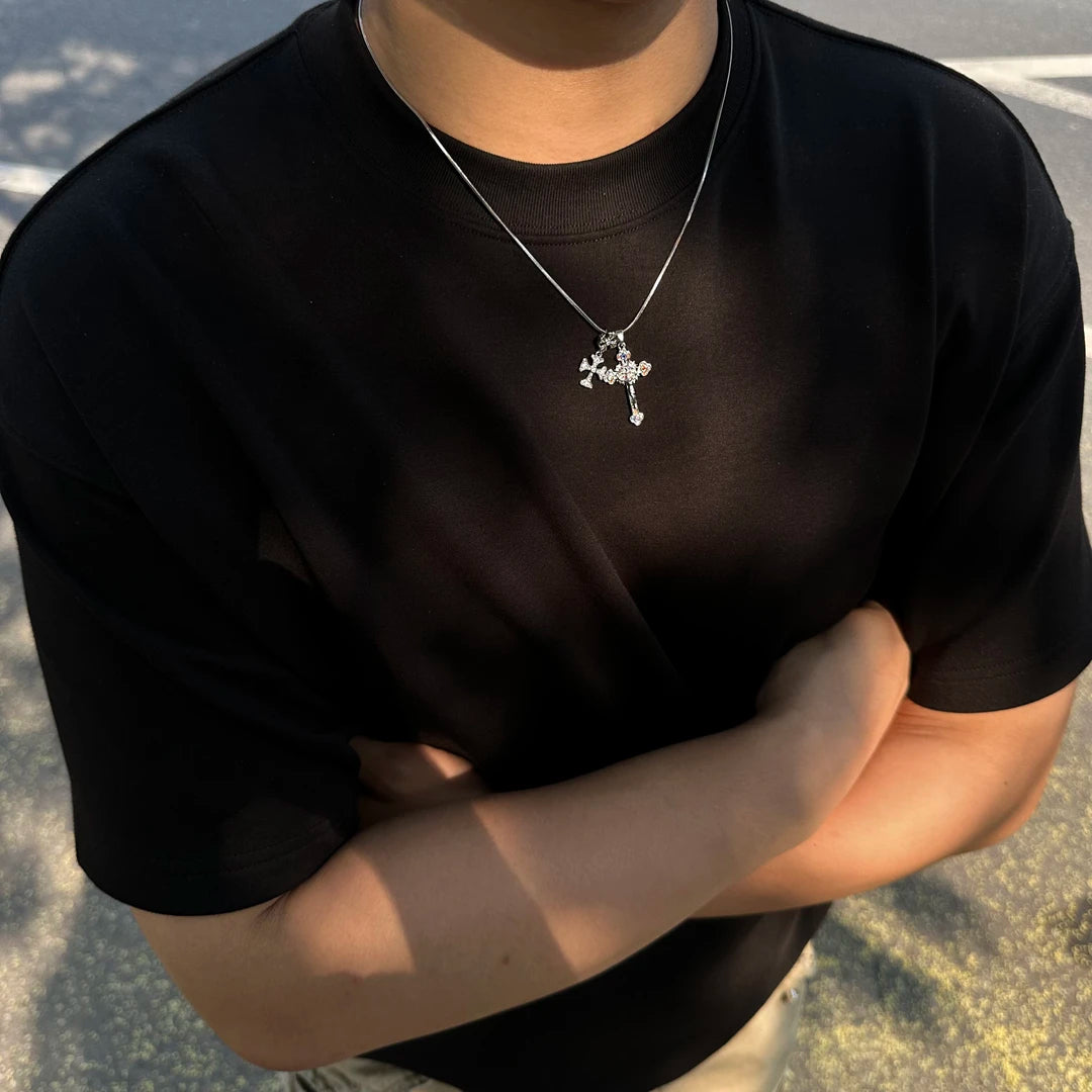 Double Cross Zircon Inlaid Handmade Necklace