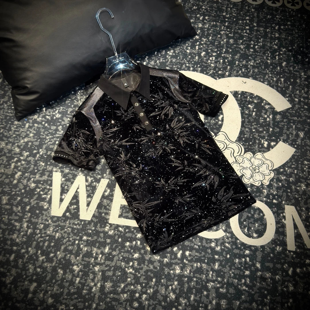 Bamboo Leaf Subtle Pattern Rhinestone Polo Shirt