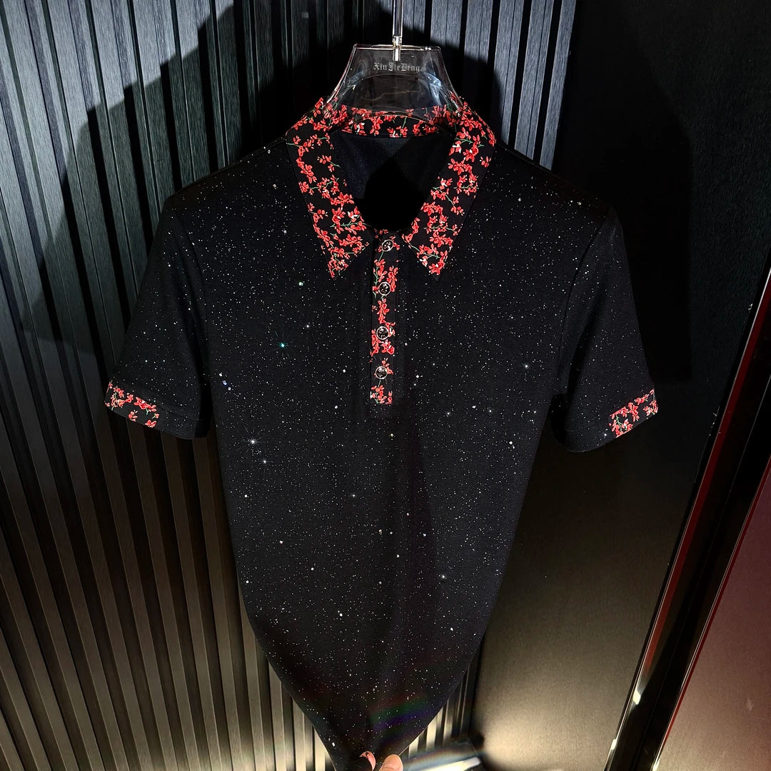 Red Floral Lapel Sequin Shirt