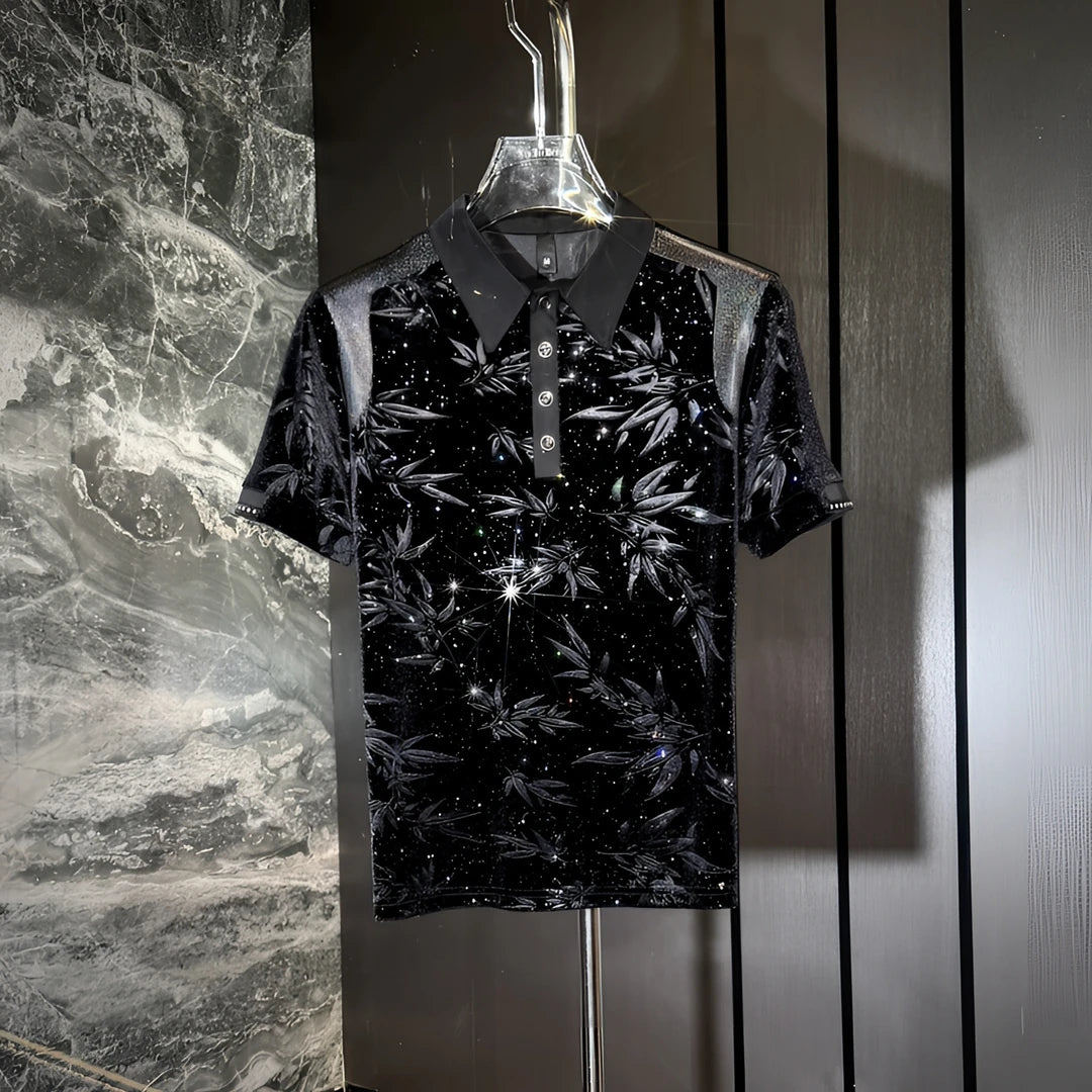 Bamboo Leaf Subtle Pattern Rhinestone Polo Shirt