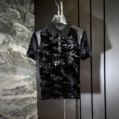 Bamboo Leaf Subtle Pattern Rhinestone Polo Shirt