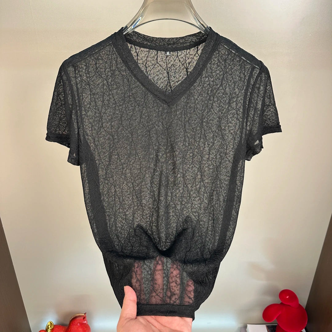 Wave Pattern Sheer Mesh T-Shirt