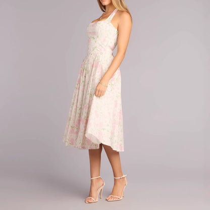 Pink & White Floral Print Halter Neck Tie Waist Midi Dress
