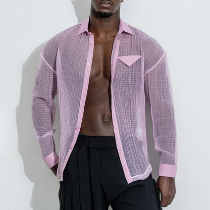 Sheer Mesh Long Sleeve Button-Up Shirt